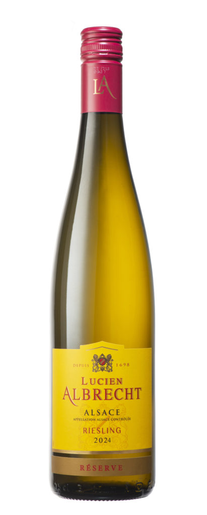Bottle of Lucien Albrecht Riesling Réserve 2024, its label marked Depuis 1698, the eight-generation Alsace house.