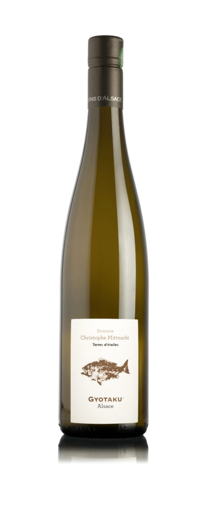 Bottle of Christophe Mittnacht Gyotaku, its label bearing the Japanese fish print that gives the Alsace wine its name.