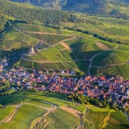Aerial view of an Alsace wine village ringed by vineyards in the foothills of the Vosges at golden hour.